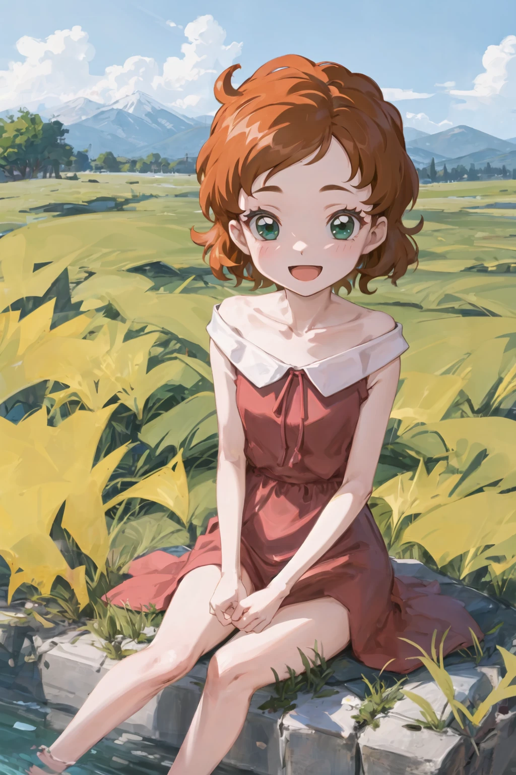 1girl, sndsuzuka, childshort hair, brown hair, green eyes, collarbone, red dress, :d, looking at viewer, sitting, grass field <lora:sounanda-suzuka-000004:0.9>