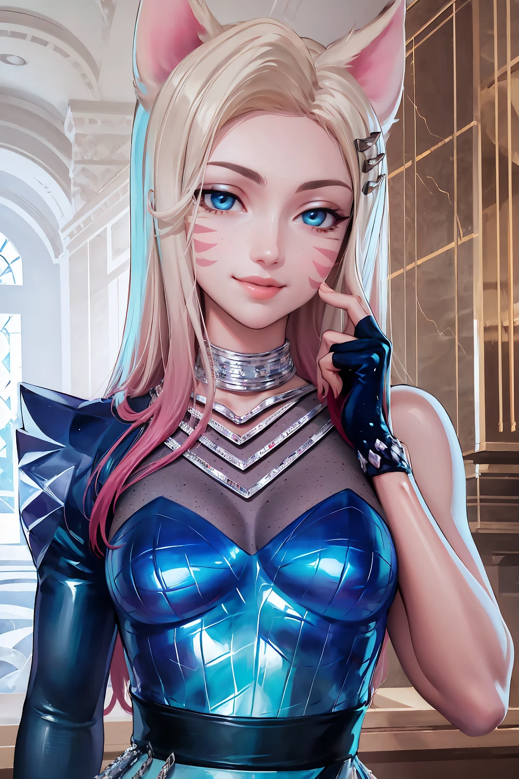 masterpiece, best quality, IncrsAhriKDAAllOut, <lora:AhriKDAAllOut:1>, whisker markings, single fingerless glove, single glove, asymmetrical clothes, smile, upper body,
