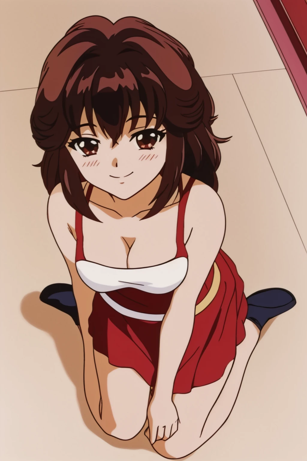 tomoko, 1girl, solo, long_hair, breasts, kneeling, blush, smile, bangs, brown_hair, bare_shoulders, brown_eyes, medium_breasts, closed_mouth, cleavage, from_above, red_dress