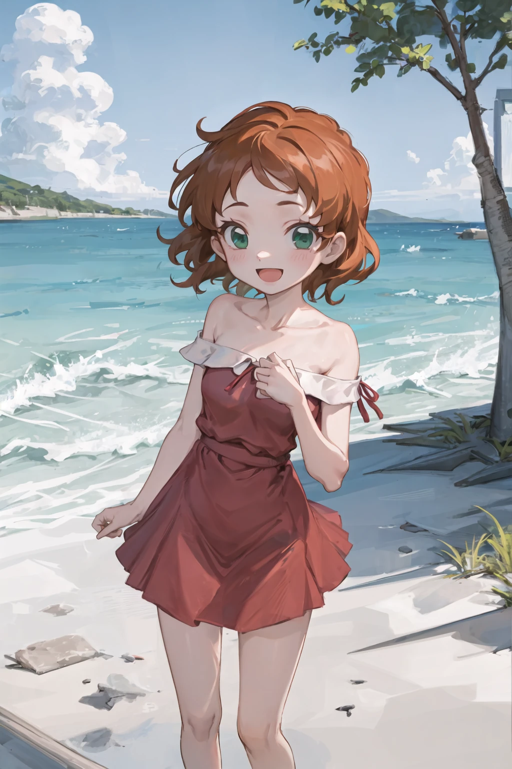1girl, sndsuzuka, childshort hair, brown hair, green eyes, collarbone, red dress, :d, looking at viewer, standing, beach <lora:sounanda-suzuka-000004:0.8>