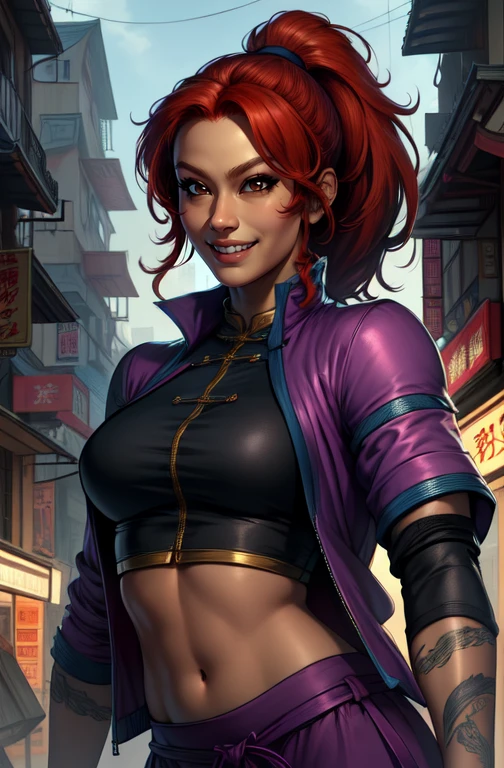 KimWU, red hair, brown eyes, ponytail,
standing, upper body, smile, smug, teeth,
city streets,china town, (insanely detailed, beautiful detailed face, masterpiece, best quality), solo,
<lora:KimWU-10v7:0.7>