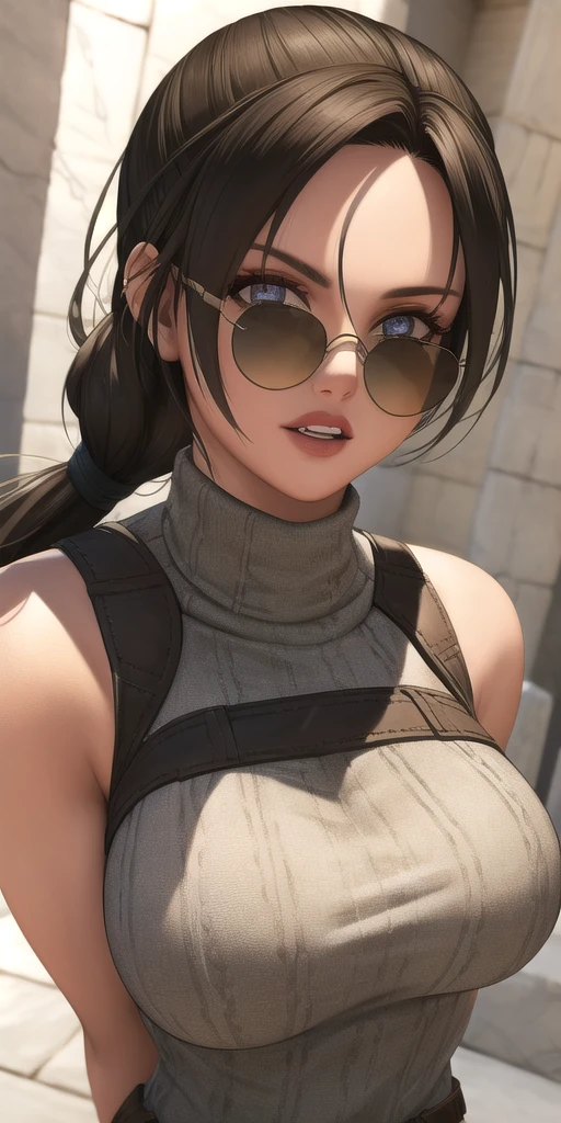 <lora:lara_croftV1:0.6> lara_croft, standing, solo, brown_eyes, sunglasses, sweater, portrait,, masterpiece, best quality, detailed face, detailed eyes, highres,