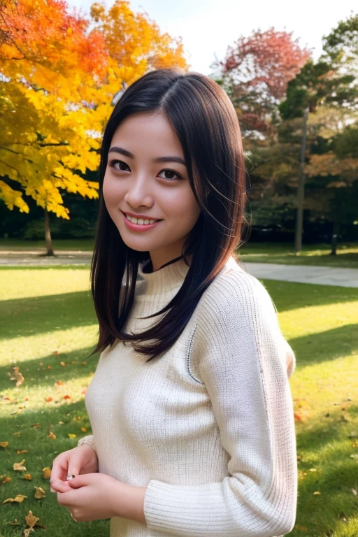 1girl,(wearing a sweater:1.2),(RAW photo, best quality), (realistic, photo-realistic:1.4), masterpiece, an extremely delicate and beautiful, extremely detailed, 2k wallpaper, Amazing, finely detail, extremely detailed CG unity 8k wallpaper, ultra-detailed, highres, soft light, beautiful detailed girl, extremely detailed eyes and face, beautiful detailed nose, beautiful detailed eyes,cinematic lighting,autumn scenery,sunlight,maple trees in autumn,perfect anatomy,slender body,laughing, <lora:hashimotokanna_lora:0.8>,hair with bangs