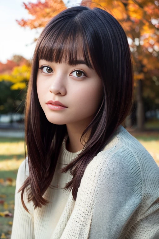 1girl,(wearing a sweater:1.2),(RAW photo, best quality), (realistic, photo-realistic:1.4), masterpiece, an extremely delicate and beautiful, extremely detailed, 2k wallpaper, Amazing, finely detail, extremely detailed CG unity 8k wallpaper, ultra-detailed, highres, soft light, beautiful detailed girl, extremely detailed eyes and face, beautiful detailed nose, beautiful detailed eyes,cinematic lighting,autumn scenery,sunlight,maple trees in autumn,perfect anatomy,slender body, <lora:hashimotokanna_lora:0.8>,hair with bangs