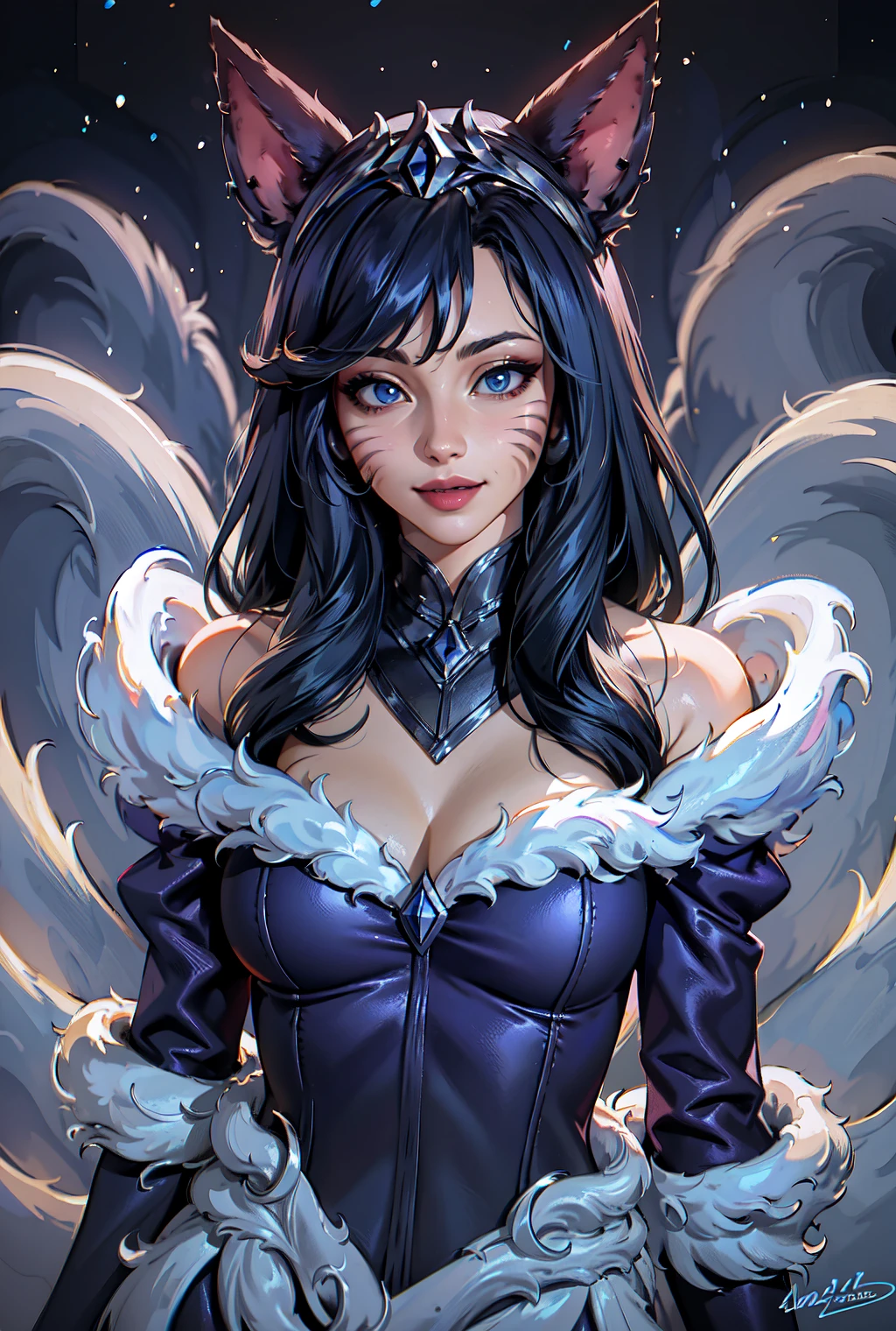 masterpiece, best quality, IncrsAhriMN, <lora:AhriMidnight:1>, fox tail, multiple tails, cleavage, upper body, seductive smile, long sleeves, bare shoulders,