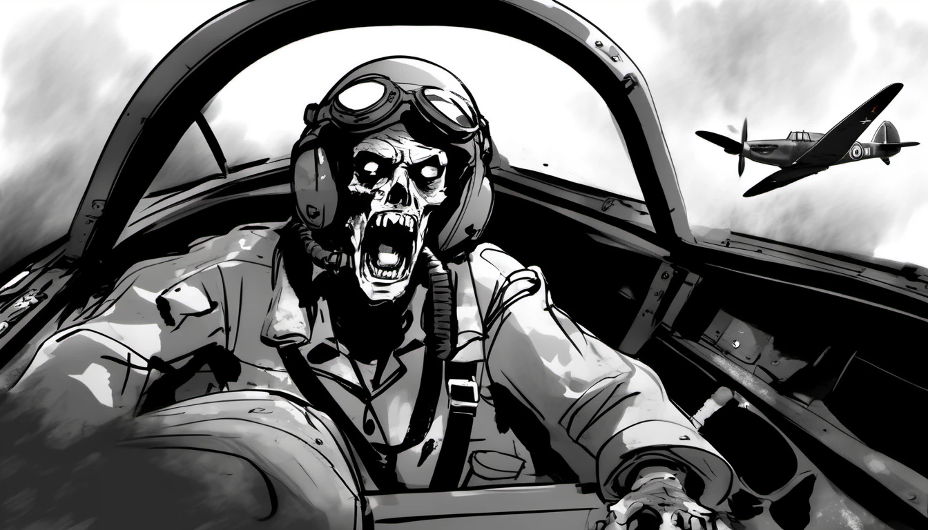 <lora:storyboard sketch:0.5>storyboard sketch of a WWII horrific furious yelling rotting zombie pilot in the cockpit of a spitfire, action shot, closeup, dogfight, splattered, skull