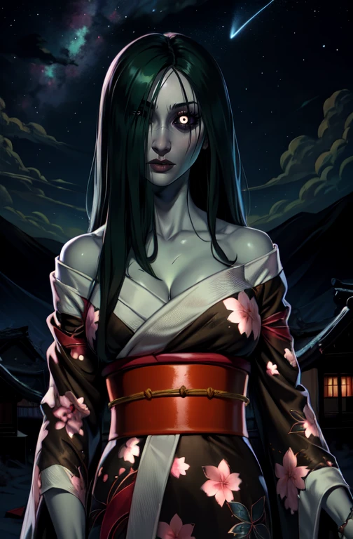 Hisako,grey skin,long hair,hair over one eye,black sclera,white pupils, black hair,
looking at viewer,scars,
(detailed areolas, detailed nipples, detailed breasts) nipple slip,
red kimono with floral print,off shoulder,torn clothes,solo,
(sagging breasts:1.2),
all fours,
green aura,japanese village,night sky,
<lora:Hisako-10v7:0.8>, 3d,