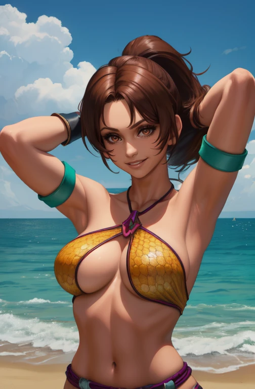 Christie,brown hair, bangs, ponytail, brown eyes, smiling, standing, upper body, arms up,
fingerless gloves,underboob , criss-cross halter, bare shoulders, armband, necklace, sideboob,
beach, morning, sea,
(insanely detailed, beautiful detailed face, masterpiece, best quality) cinematic lighting, solo,
<lora:Christie-10v7:0.7>