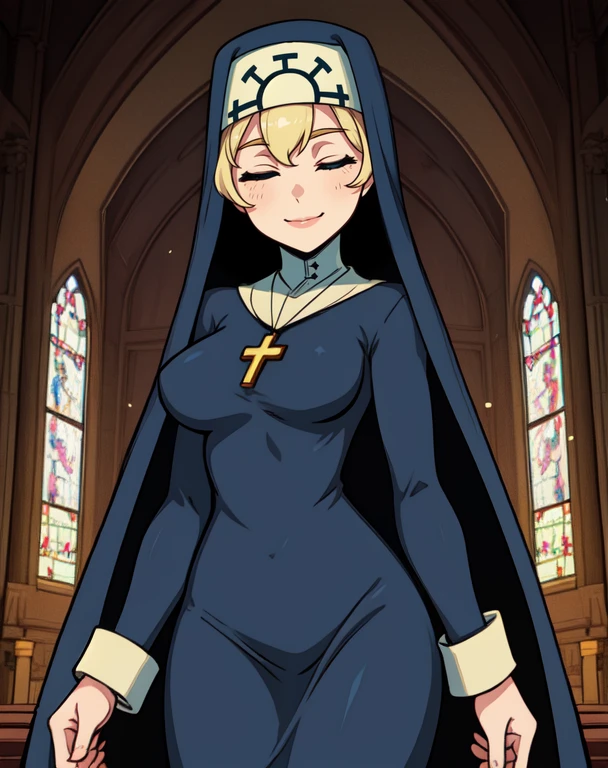 Double, short blonde hair, medium breasts, solo, smiling, cowboy shot, closed eyes,
blue habit, cross necklace ,white gloves, long sleeves, nun, long skirts, cape
(insanely detailed, beautiful detailed face,beautiful detailed eyes, masterpiece, best quality) forest