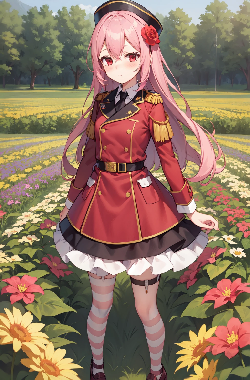 (flower field:1.1),(pink hair, red eyes, long hair:1.1),((wedding dress:0.8)+ (military uniform:1.2),garter straps,strappy_heels,:1.1),(early teen:1.5),(blush1.1),(solo:1.9),standing,