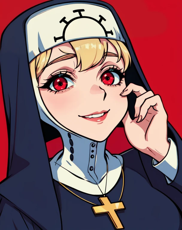 Double, short blonde hair, medium breasts, solo, smiling, red eyes,
blue habit, cross necklace ,long sleeves, nun,
(insanely detailed, beautiful detailed face,beautiful detailed eyes, masterpiece, best quality)
church, red lighting, red background,
<lora:Double-10v6:0.8>