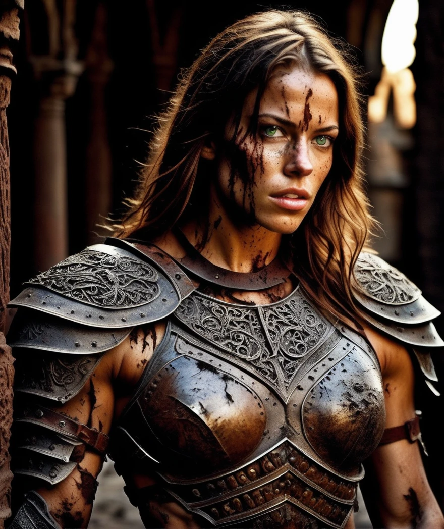 photorealistic, realistic, (upper body:2), 1girl, muscular female, (green eyes:1.4), detailed pupils, ornate armor, broken armor, torn clothes, breastplate, medium breasts, exhausted, (determined:2), angry, (dirty:2), dirty clothes, rust, (scar on face:3), dim lighting, supermodel, warrior, long hair, from side, gothic architecture, straight hair, brown hair
