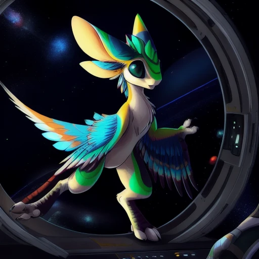 (<lora:avali_test_v_2:1>female avali), solo,feathered weaver paws, Dim light,(AVALI), space,battle,red avali