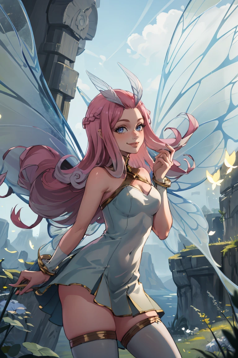 ((masterpiece,best quality)), absurdres,
<lora:Tasi_AFK_Anime:0.8>, Tasi_AFK, long pink hair, fairy, fairy wings, dress, thighhighs, side view,
solo, smiling, looking at viewer, cowboy shot,
cinematic composition, dynamic pose, contrapposto,