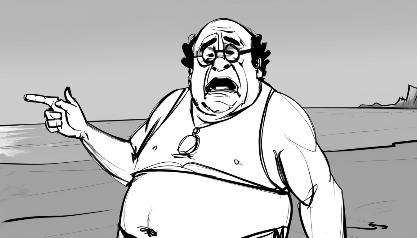 storyboard sketch of Danny DeVito feeling Numb Pointing playing a Interpreter in bikini bottom <lora:storyboard sketch:0.8>