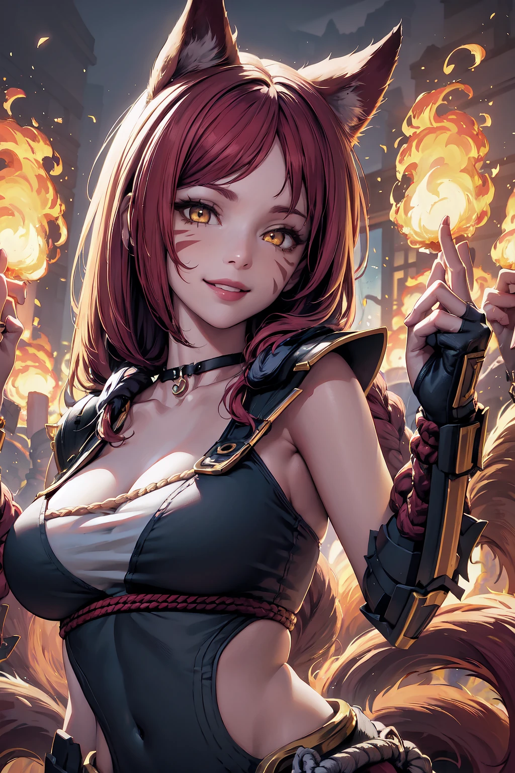masterpiece, best quality, IncrsAhriFF, <lora:AhriFoxfire:1>, fox tail, multiple tails, armor, rope, choker, smile, fire, parted bangs, upper body, (facial mark:0.8),