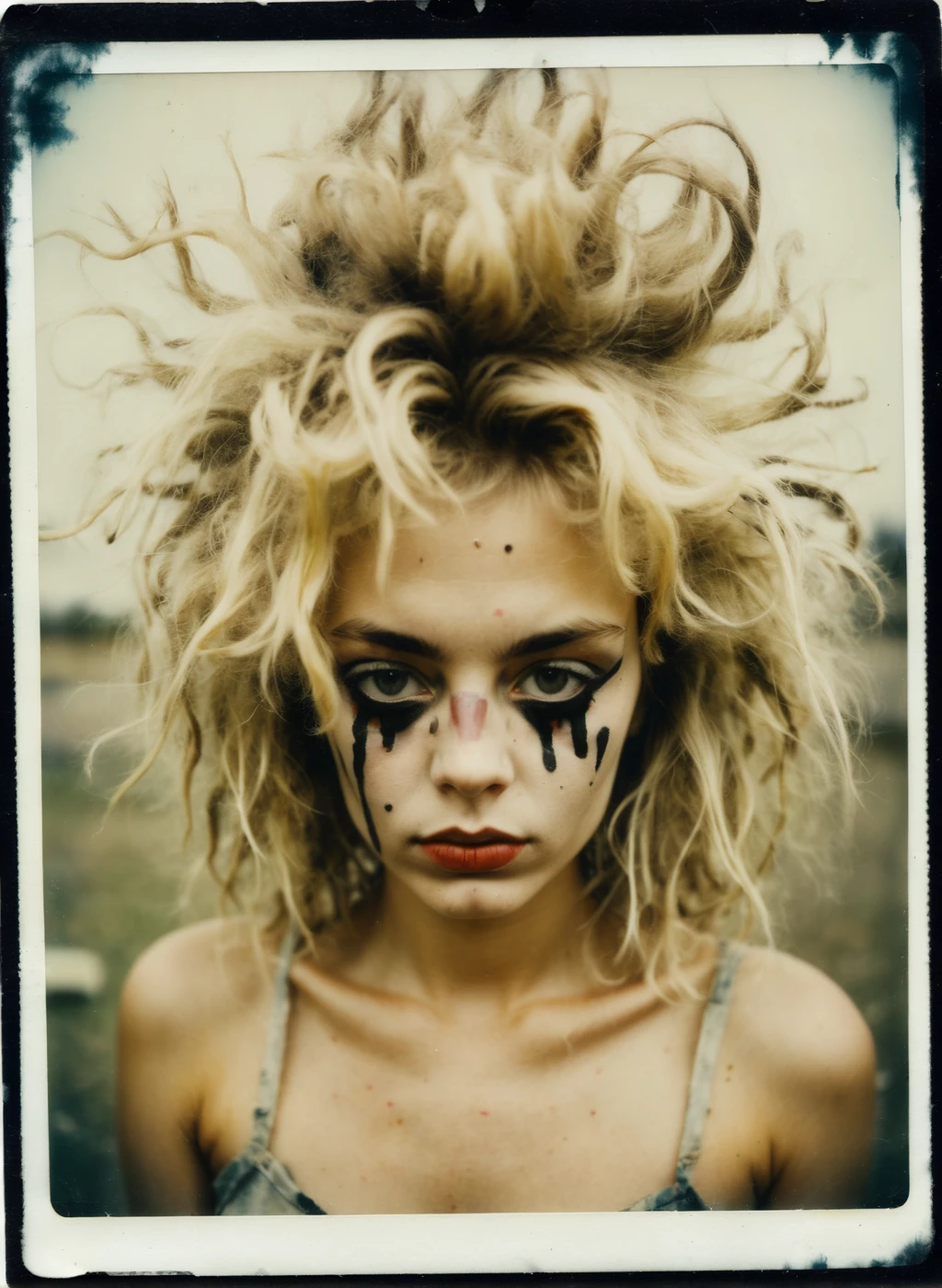 artistic vintage polaroid portrait photo of a beautiful girl with crazy blonde messy hair and ruined makeup