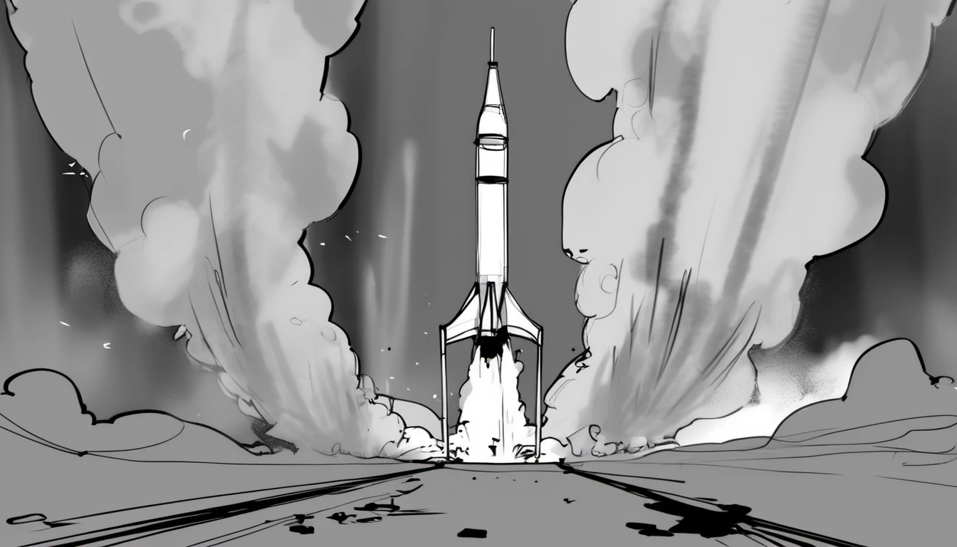storyboard sketch of Rocket launching from a spaceport, flames and smoke billowing, shaking the ground. <lora:storyboard sketch:0.8>