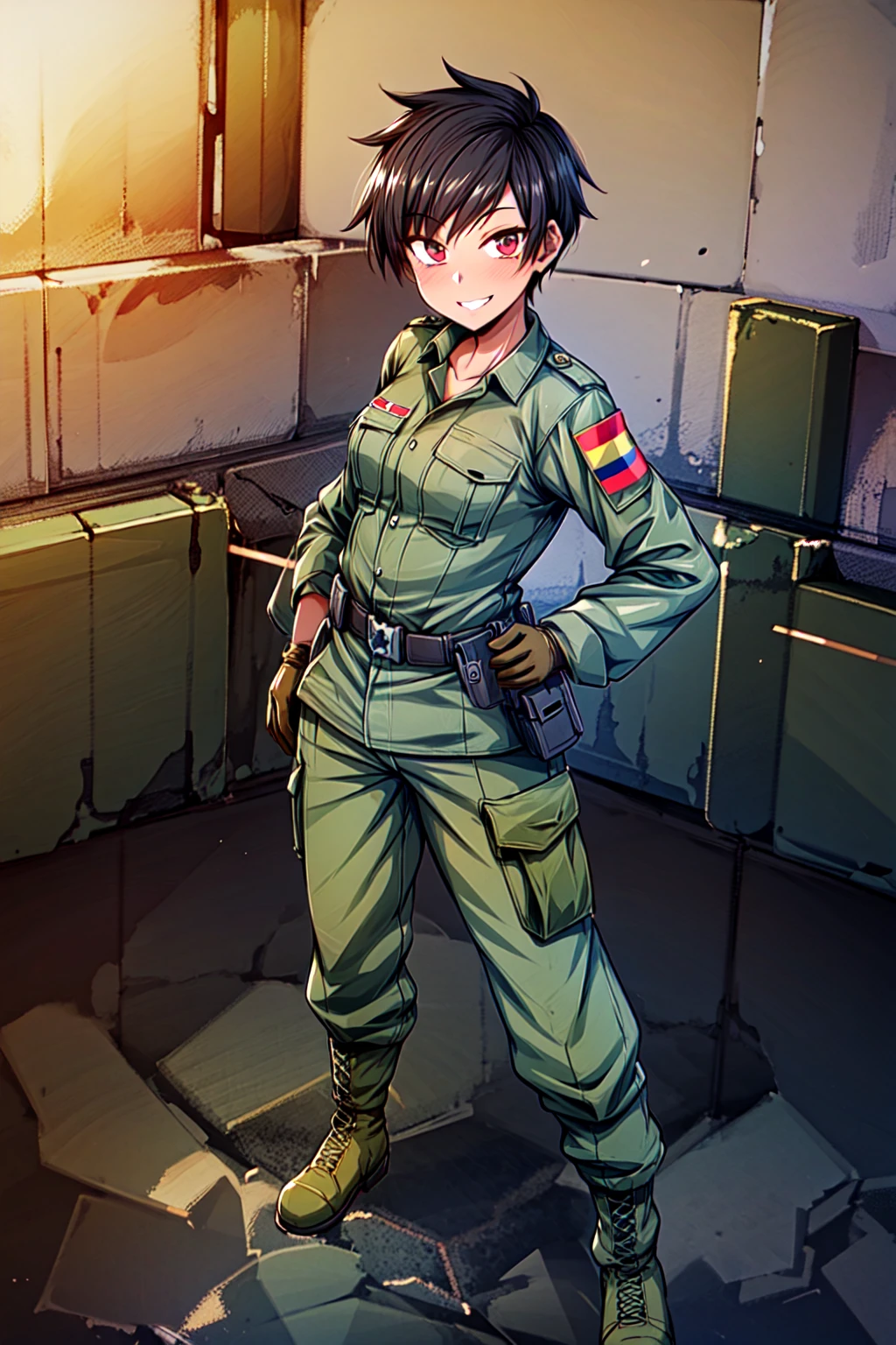 (masterpiece),(best quality),absurdres,1girl,xinomvn,standing,small ,(,straight-on,looking at viewer:1.1),tomboy,character portrait,military uniform,shirt,pants,(long sleeves,gloves:1.1),combat boots,full body,smiling,(in military base:1.3),barbed wire,(wide shot), <lora:XinomVN:0.7>,