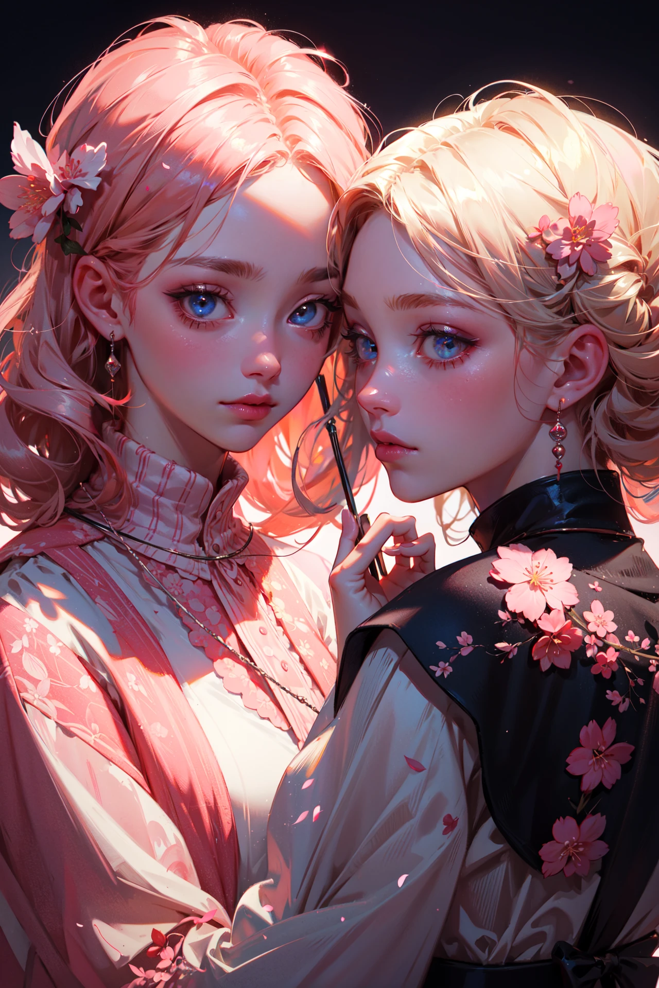 ((best quality, masterpiece, absurbres)), Close-up, Soft Colors, Pastel, Peach, 2 Girls, Aesthetic Fashion, Cherry Blossom at night, Natural Lighting