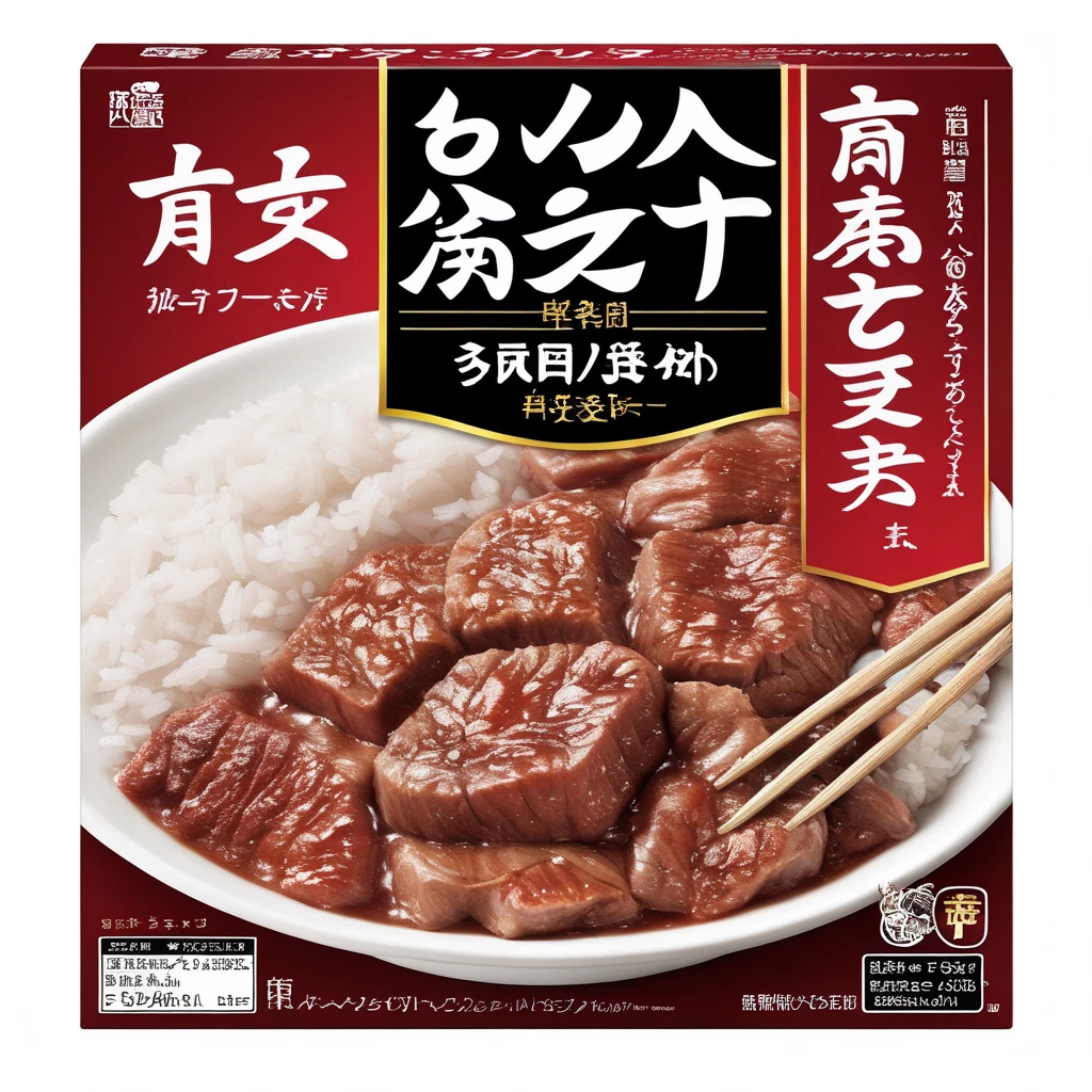 box,A packaging box designed for a cooking kit that allows customers to prepare their own raw Wagyu beef bowl (Gyudon) at home. The box should be visually appealing and luxurious to reflect the high-quality Wagyu beef inside. The design should incorporate traditional Japanese elements, perhaps some Kanji characters that spell out 'Wagyu' or 'Gyudon,' along with modern, clean lines for a contemporary feel. Imagery of the raw Wagyu beef, rice, and other ingredients should be prominently displayed. The colors should be rich and inviting, perhaps a deep red to signify the meat and a contrasting color for the text and other elements. The box should also have a clear section that lists the contents of the kit and simple cooking instructions, <lora:tlbv1:0.7>
