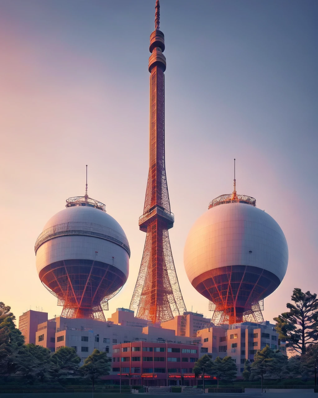 <lora:tower_and_sphere_v2:0.7>, twilight, skyscraper, evening, tower, spacecraft, gradient sky, orange sky, lights, dusk, sunrise, radio antenna, truck, crane (machine), real world location, park, orb