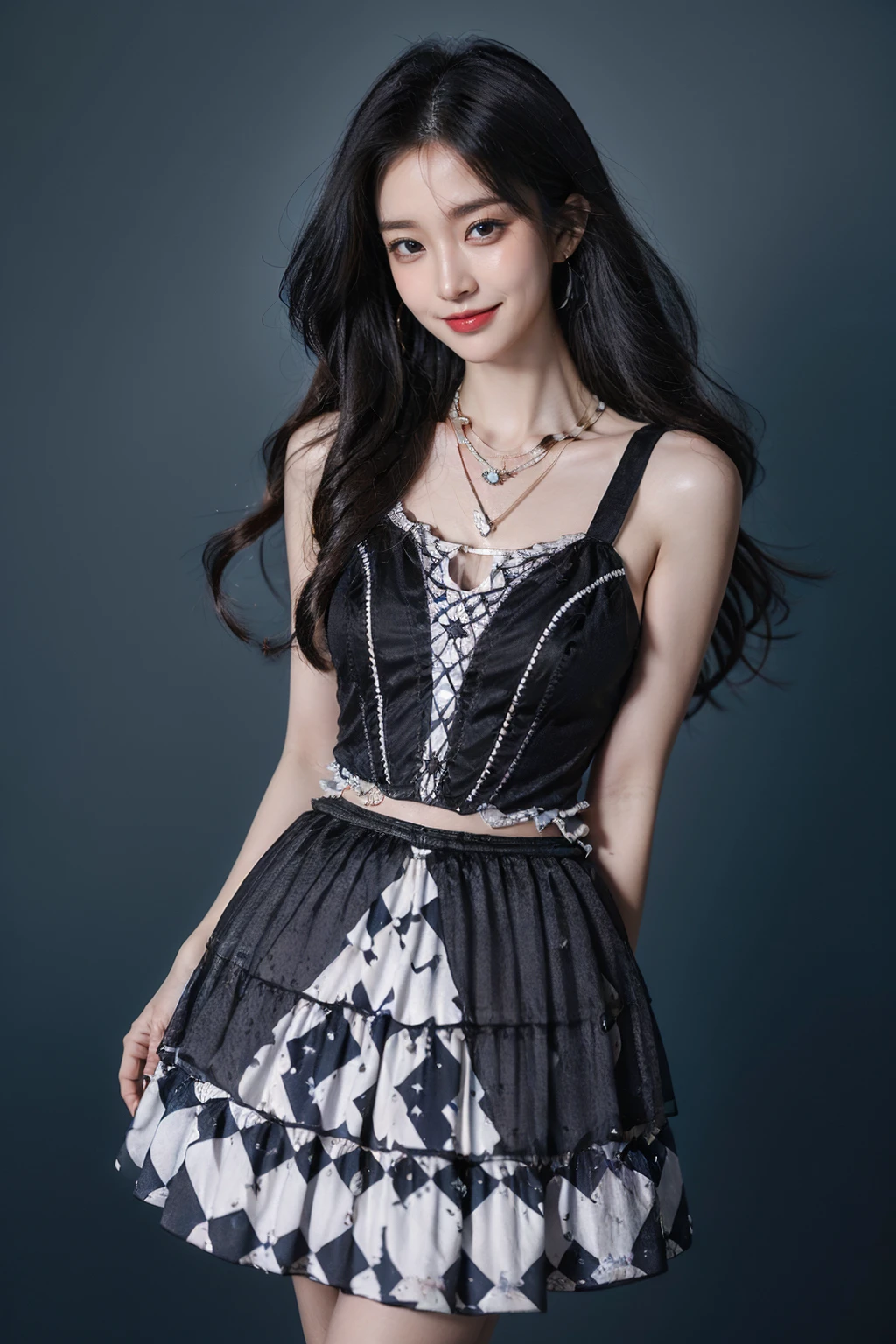 best quality, quality, masterpiece, photorealistic, 1girl, solo, long black hair, looking at viewer, smile, standing, (cowboy shot:1.6), cyb dress, jewelry, necklace, simple background, <lora:cool_dress_style5:0.7>