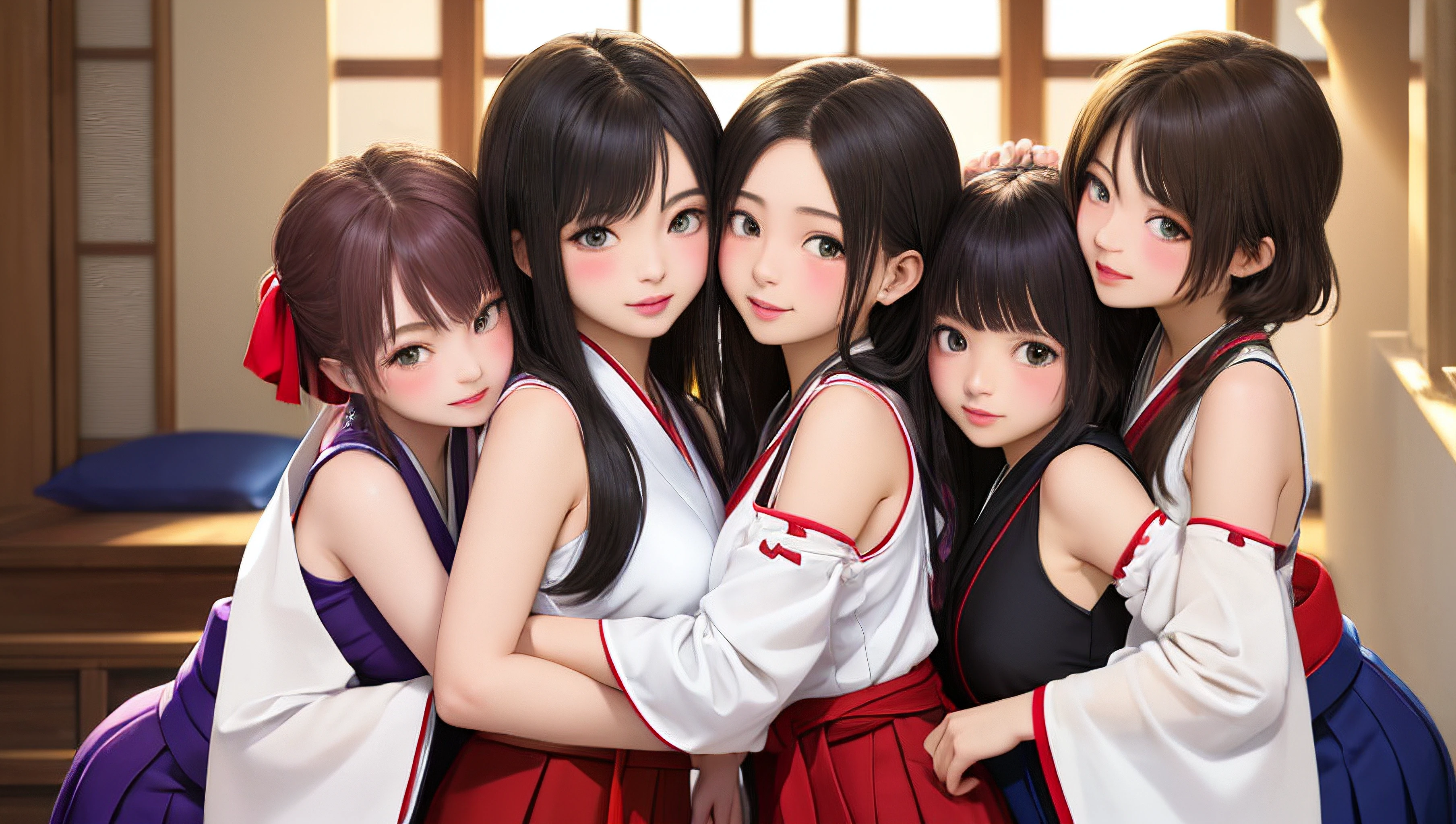 (masterpiece, best quality), 6+girls, multiple girls, alternate breast size, height difference, alternate eye color, alternate hair color, alternate hair length, alternate hair color, alternate skin color, upper body, group hug, sexually suggestive, looking at viewer, happy, parted lips, smile, nontraditional miko, japanese clothes, sleeveless kimono, detached sleeves, hakama short skirt, ribbon trim, temple, indoors,