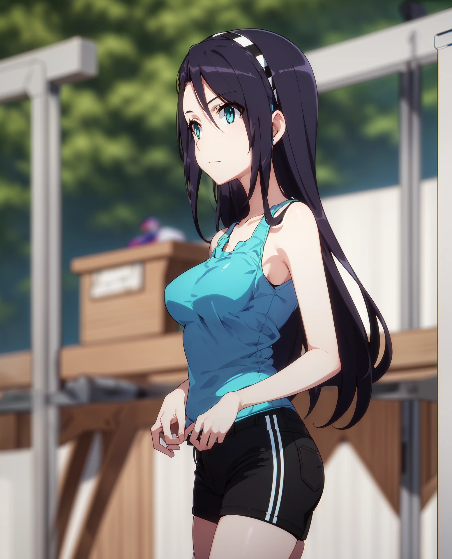 ((masterpiece, best quality, high detailed:1.2)), 8k uhd, 1girl, slender, solo, noa kashima, casual noa, <lora:NoaKashimaV1:1>, ((closed mouth)), long hair, ((hairband, aqua eyes)), ((blue tank top, black shorts)), outdoors, park, ((cowboy shot:1.2)), day, vivid colors, trees, standing, medium breasts