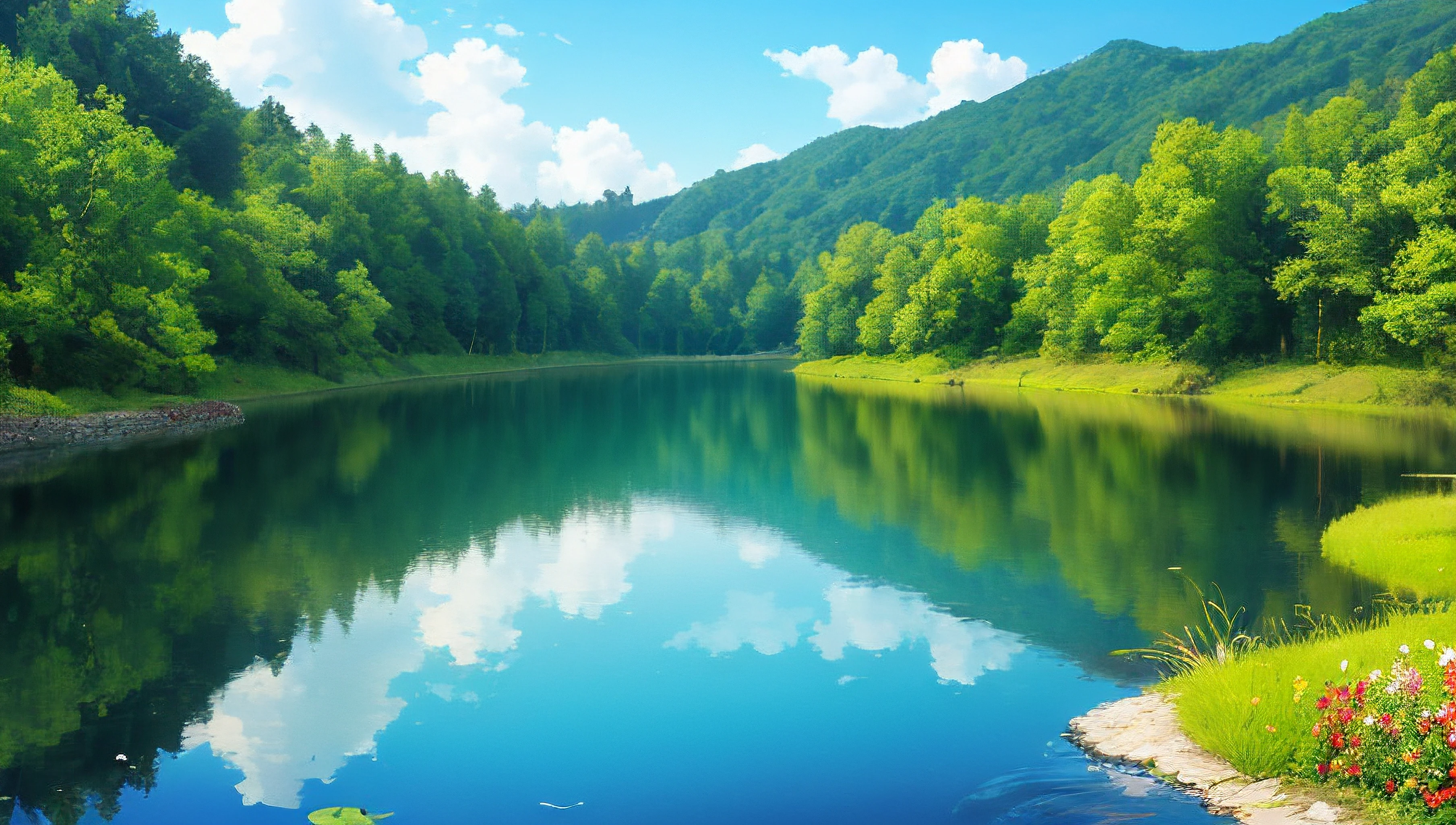 (masterpiece, best quality), no humans, panorama, day, summer, sunlight, forest, lake, water, reflective water, sparkle, bird, flower,