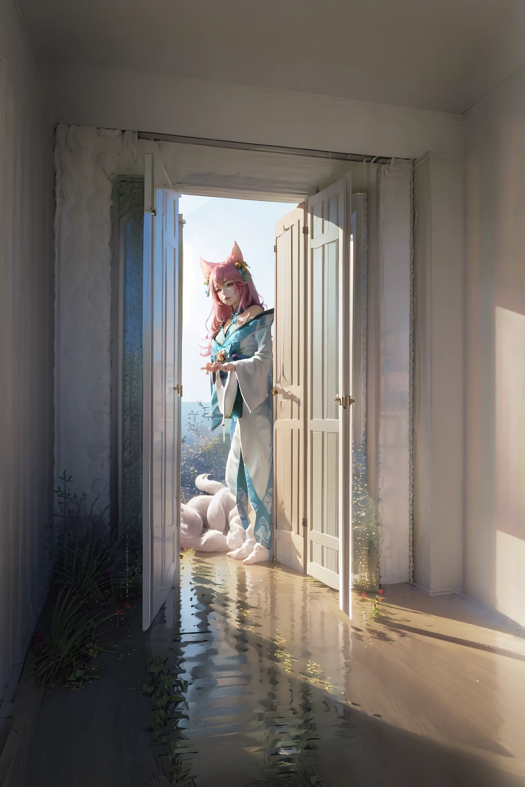 masterpiece, best quality, IncrsAhriSD, facial mark, fox tail, multiple tails, kimono, <lora:AhriSpiritBlossom:1>, doors, <lora:Pos_Doors:1>, 1girl,