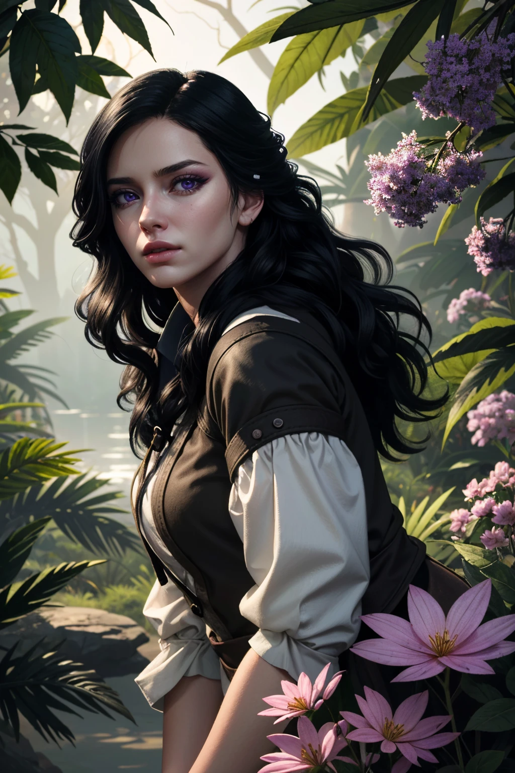 ( masterpiece, best quality, highres:1.3)
WitcherYennefer, 1girl, solo, black hair, purple eyes, in lush jungle with flowers
 <lora:WitcherYennefer-000005:0.8>