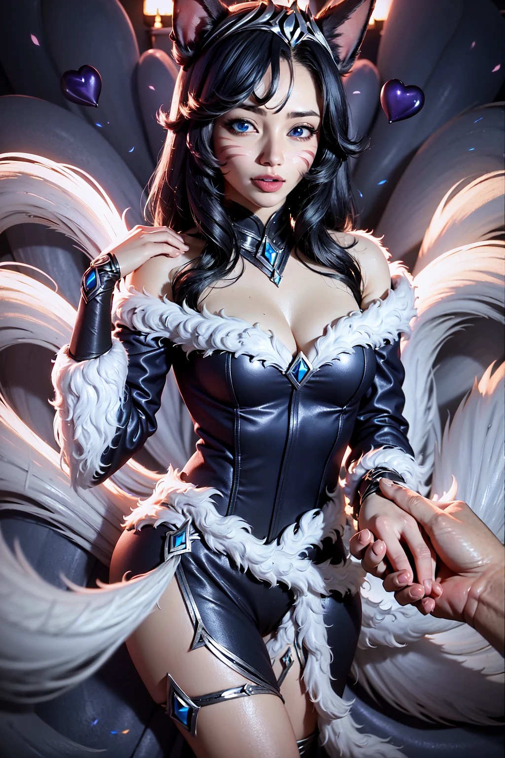 masterpiece, best quality, IncrsAhriMN, fox tail, multiple tails, cleavage, long sleeves, bare shoulders, <lora:AhriMidnight:1>, IncrsHoldingHandsPov, holding hands, pov hands, <lora:Pos_HoldingHandsPov:1>