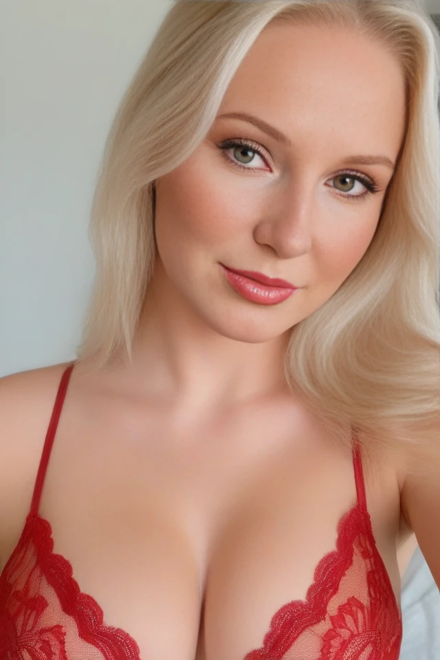 woman wearing a lingerie, long hair, hyper realistic, 4k, masterpiece, beautiful, facing the viewer, headshot, cleavage, red lace bra, high neck sports bra, pale skin, fair skin, smirk, <lora:JasmineXL:1>