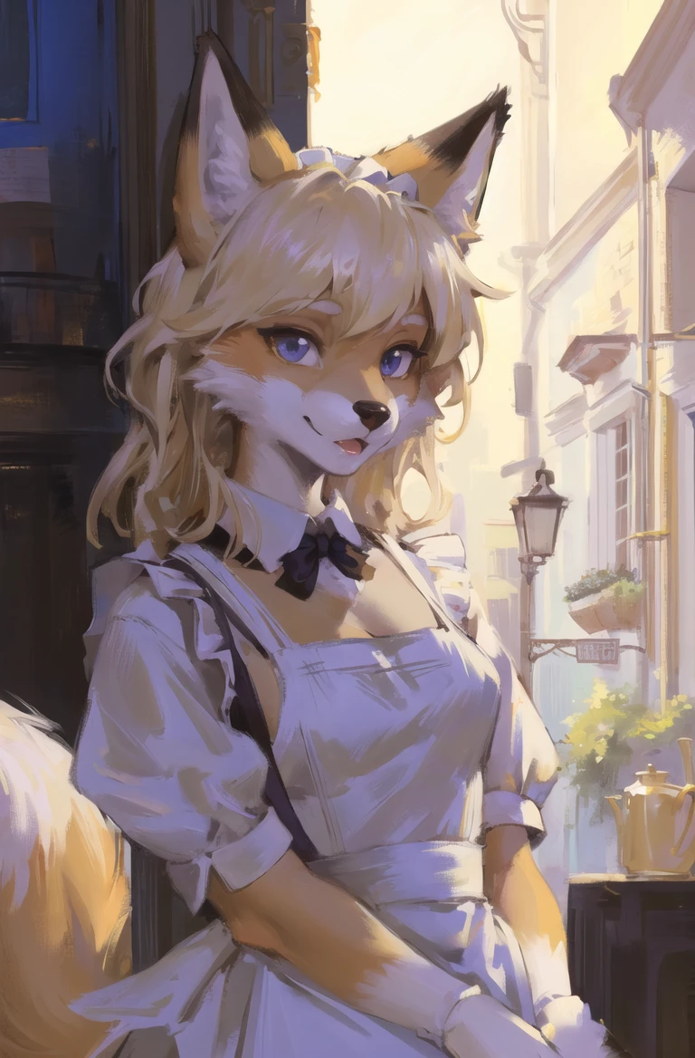 absurdres, highres, ultra detailed, masterpiece, sharp shading,portrait, 
fox furry girl****,maid dress,(white apron:1.2),oil painting,opera drama light
blonde,high detail eyes,