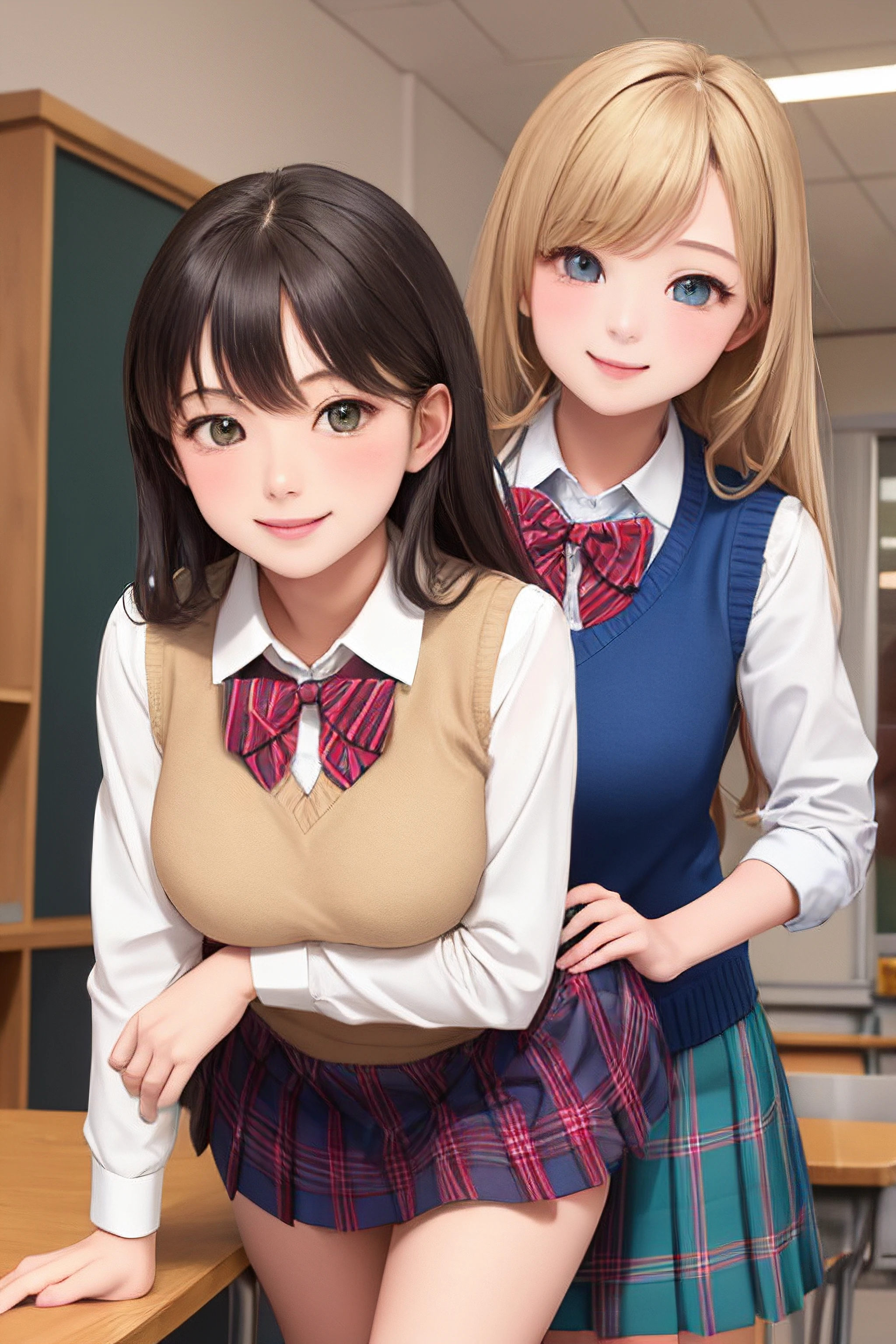 (masterpiece, best quality), 2girls, looking at viewer, school uniform, white collared shirt, red plaid bowtie, beige sweater vest, blue plaid skirt, happy, smile, leaning forward, take your pick, sexually suggestive,