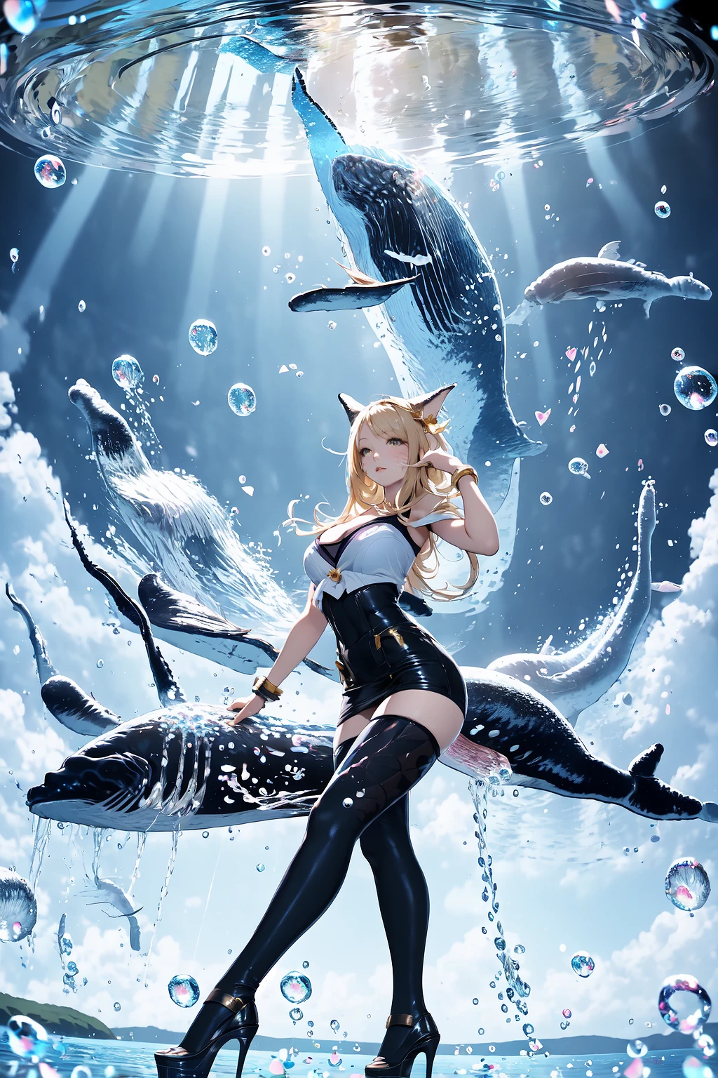 masterpiece, best quality, IncrsAhriKDA, thighhighs, high heels, cleavage, <lora:AhriKDA:1>, blue dream, scenery, sky, cloud, out doors, whale, fish, bubble, water, petals, fantasy, ocean, surreal, <lora:Pos_BlueDream:0.7>