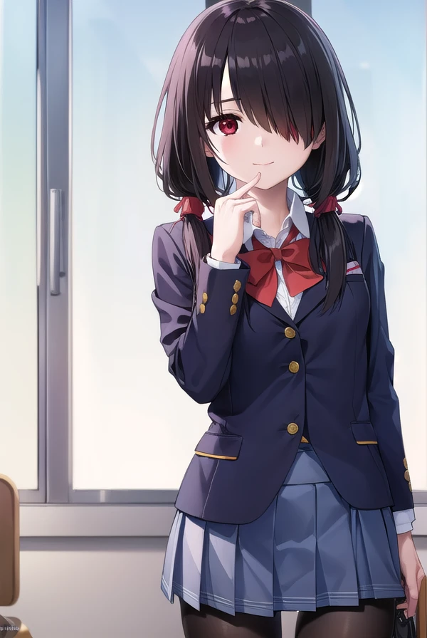 kurumitokisaki, <lora:kurumitokisaki-lora-nochekaiser:1>,
tokisaki kurumi, clock eyes, black hair, low twintails, (hair over one eye:1.5), (red eyes:1.5), (small breast:1.3), smile,
BREAK school uniform, jacket, pantyhose, pleated skirt, black pantyhose,
BREAK indoors, classroom,
BREAK looking at viewer, (cowboy shot:1.5),
BREAK <lyco:GoodHands-beta2:1>, (masterpiece:1.2), best quality, high resolution, unity 8k wallpaper, (illustration:0.8), (beautiful detailed eyes:1.6), extremely detailed face, perfect lighting, extremely detailed CG, (perfect hands, perfect anatomy),