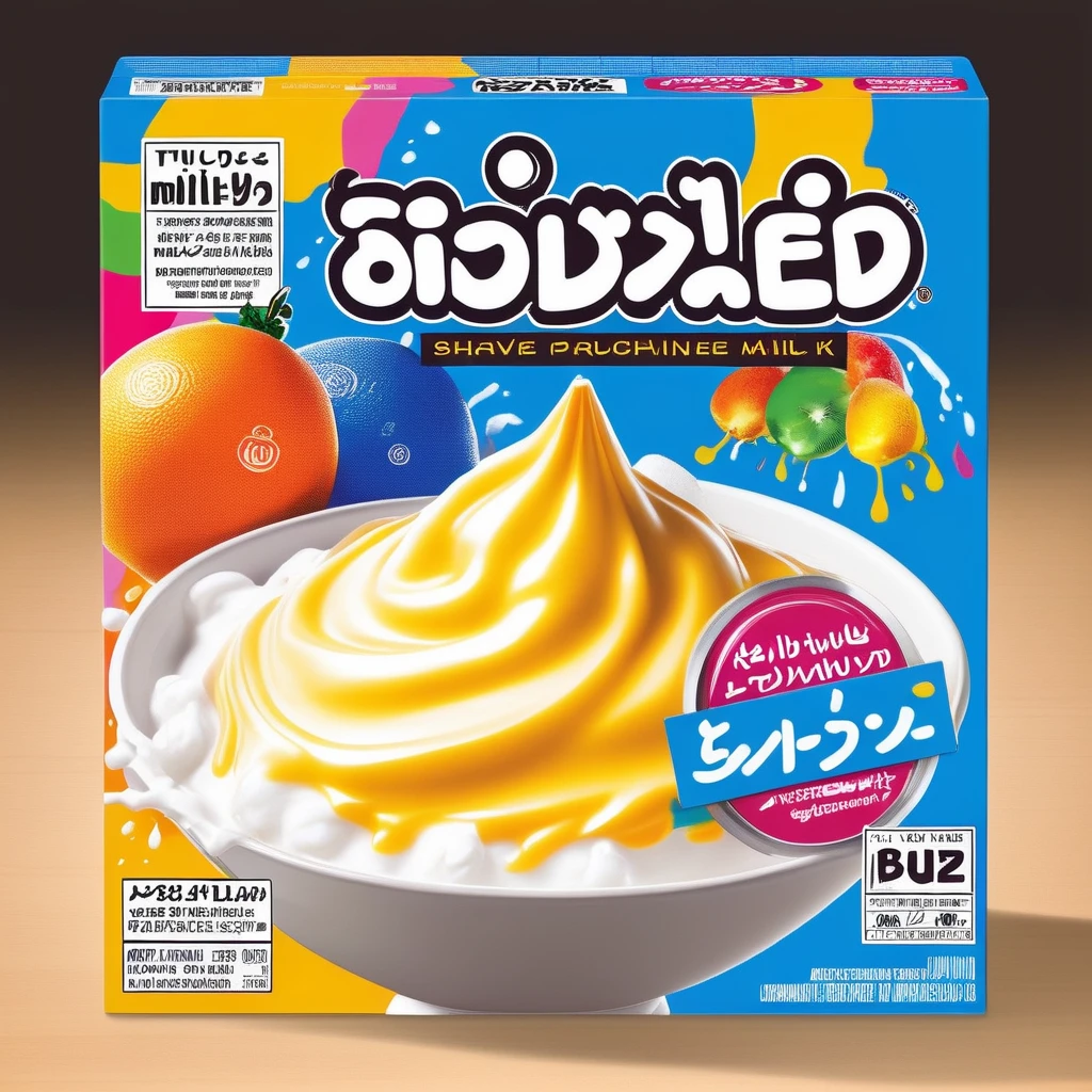 A packaging box designed for a shaved ice preparation kit. The box should be vibrant and colorful to attract attention. It must feature the product name in English, such as 'Shaved Ice Delight Kit,' prominently on the front. The design could incorporate illustrations or images of various flavored shaved ice, perhaps with toppings like fruit slices, syrups, or condensed milk. The overall aesthetic should evoke a sense of refreshment and fun, perfect for a summer treat. Additional text could include key features or ingredients, also in English , <lora:tlbv1:0.6>