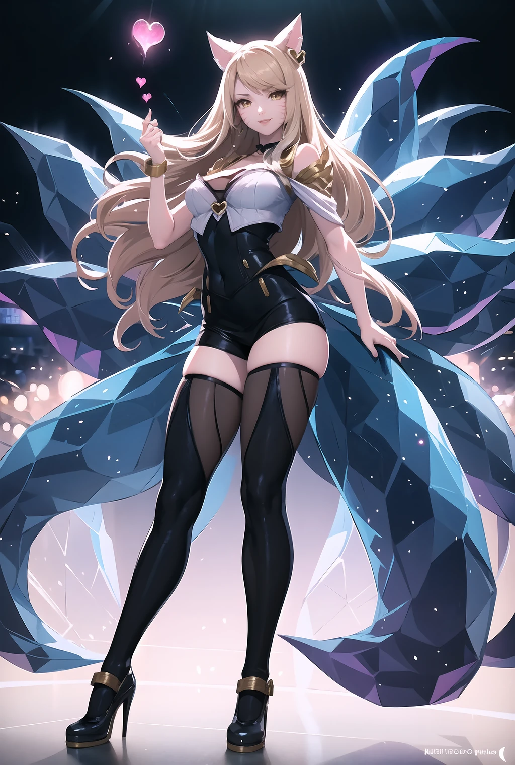 masterpiece, best quality, IncrsAhriKDA, <lora:AhriKDA:1>, fox tail, multiple tails, full body, thighhighs, high heels, smile, heart,