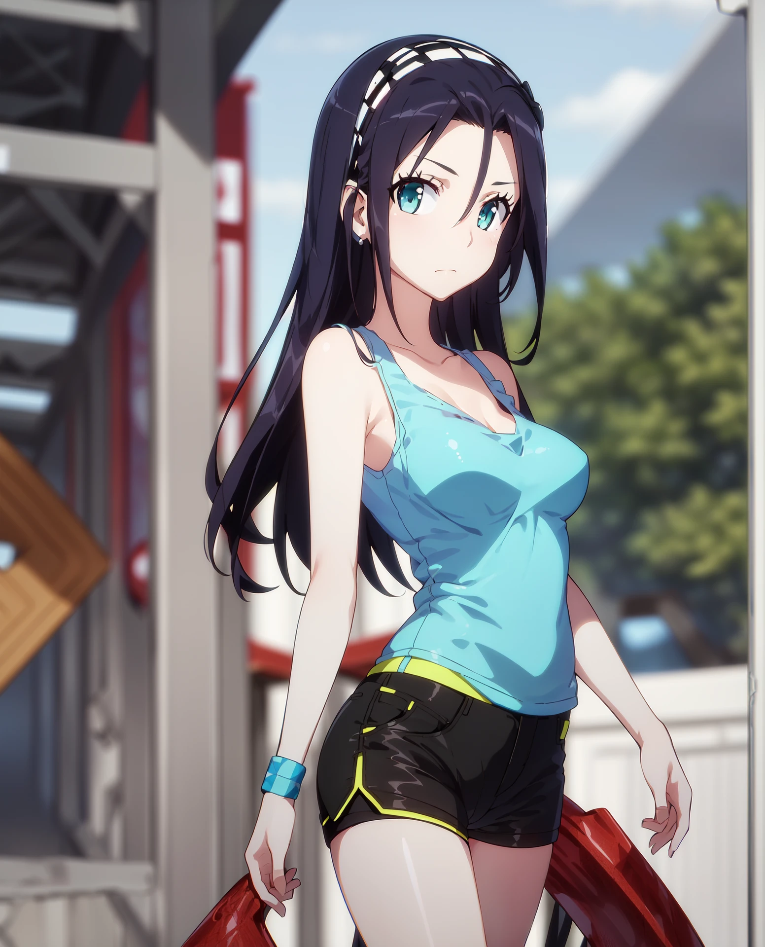 ((masterpiece, best quality, high detailed:1.2)), 8k uhd, 1girl, slender, solo, noa kashima, casual noa, <lora:NoaKashimaV1:1>, ((closed mouth)), long hair, ((hairband, aqua eyes)), ((blue tank top, black shorts)), outdoors, park, ((cowboy shot:1.2)), day, vivid colors, road, standing, medium breasts