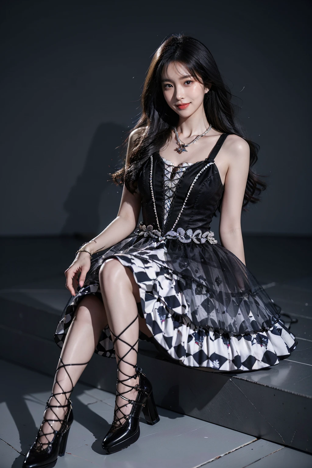 best quality, quality, masterpiece, photorealistic, 1girl, solo, long black hair, looking at viewer, smile, sitting, full body, cyb dress, jewelry, necklace, high heels, simple background, <lora:cool_dress_style5:0.7>