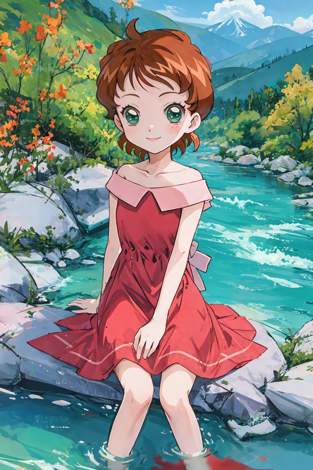 sndsuzuka, child, very short hair, brown hair, green eyes, bangs, collarbone, off-shoulder dress, red dress, sleeveless dress, short dress, smile, sitting, mountain, river <lora:sounanda-suzuka-3:1>