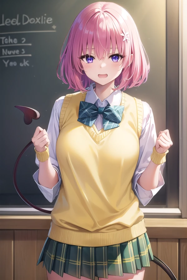 momodevilluke, <lora:momodeviluke-lora-nochekaiser:1>,
momo deviluke, demon tail, hair flower, hair ornament, (purple eyes:1.1), pink hair, short hair, tail, <lora:smirkingeye_v100:0.8>, <lora:smirkingmouth_v100:0.8> open mouth
BREAK demon tail, green skirt, plaid, plaid skirt, sainan high school uniform, school uniform, skirt, sweater vest, thighhighs, (yellow sweater:1.5), short sleeves, bow, green bow,
BREAK indoors, classroom,
BREAK looking at viewer, (cowboy shot:1.5),
BREAK <lyco:GoodHands-beta2:1>, (masterpiece:1.2), best quality, high resolution, unity 8k wallpaper, (illustration:0.8), (beautiful detailed eyes:1.6), extremely detailed face, perfect lighting, extremely detailed CG, (perfect hands, perfect anatomy),