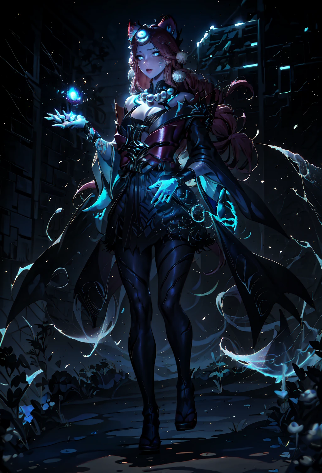 masterpiece, best quality, IncrsAhriSM, fox tail, multiple tails, japanese clothes, glowing, necklace, glowing hands, blue skinned hands, <lora:AhriSM:1>, night, (dark environment), <lora:Style_DarkIncursioStyle:1>, full body, forest, tree,