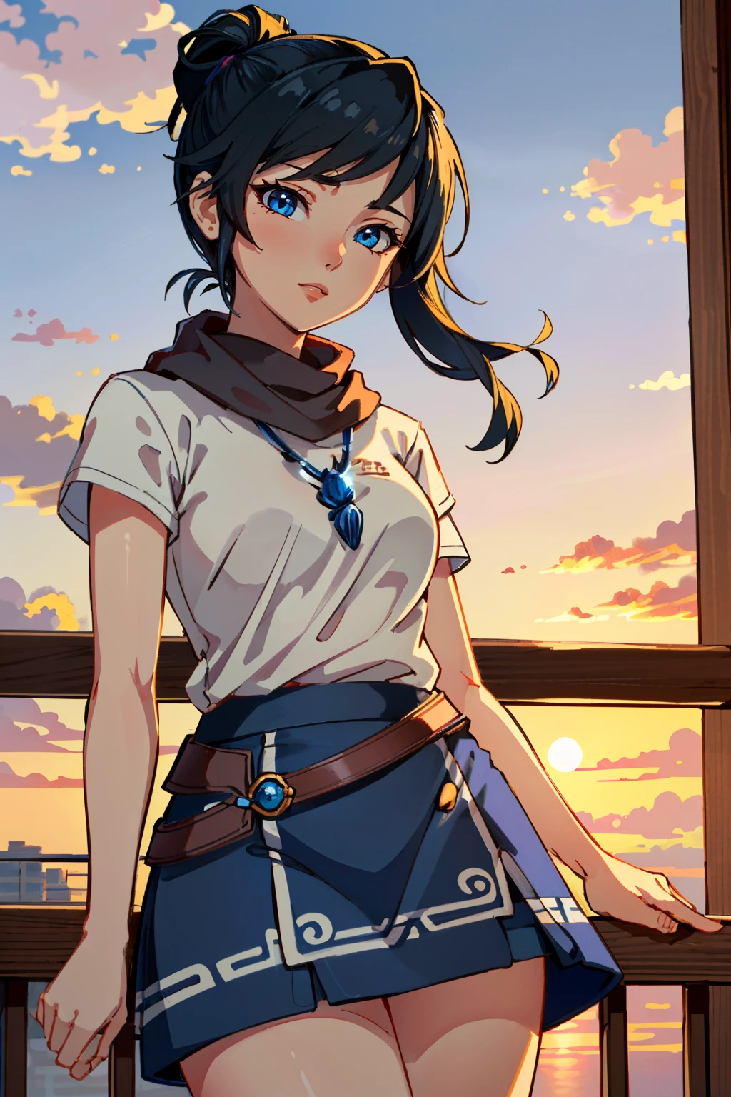 ( masterpiece, best quality, highres:1.3)
<lora:KenaBridgeofSpirits-000009:0.9>
KenaBridgeofSpirits, 1girl, black hair, blue eyes, cowboy shot, balcony, sunset, warm and romantic golden hour light