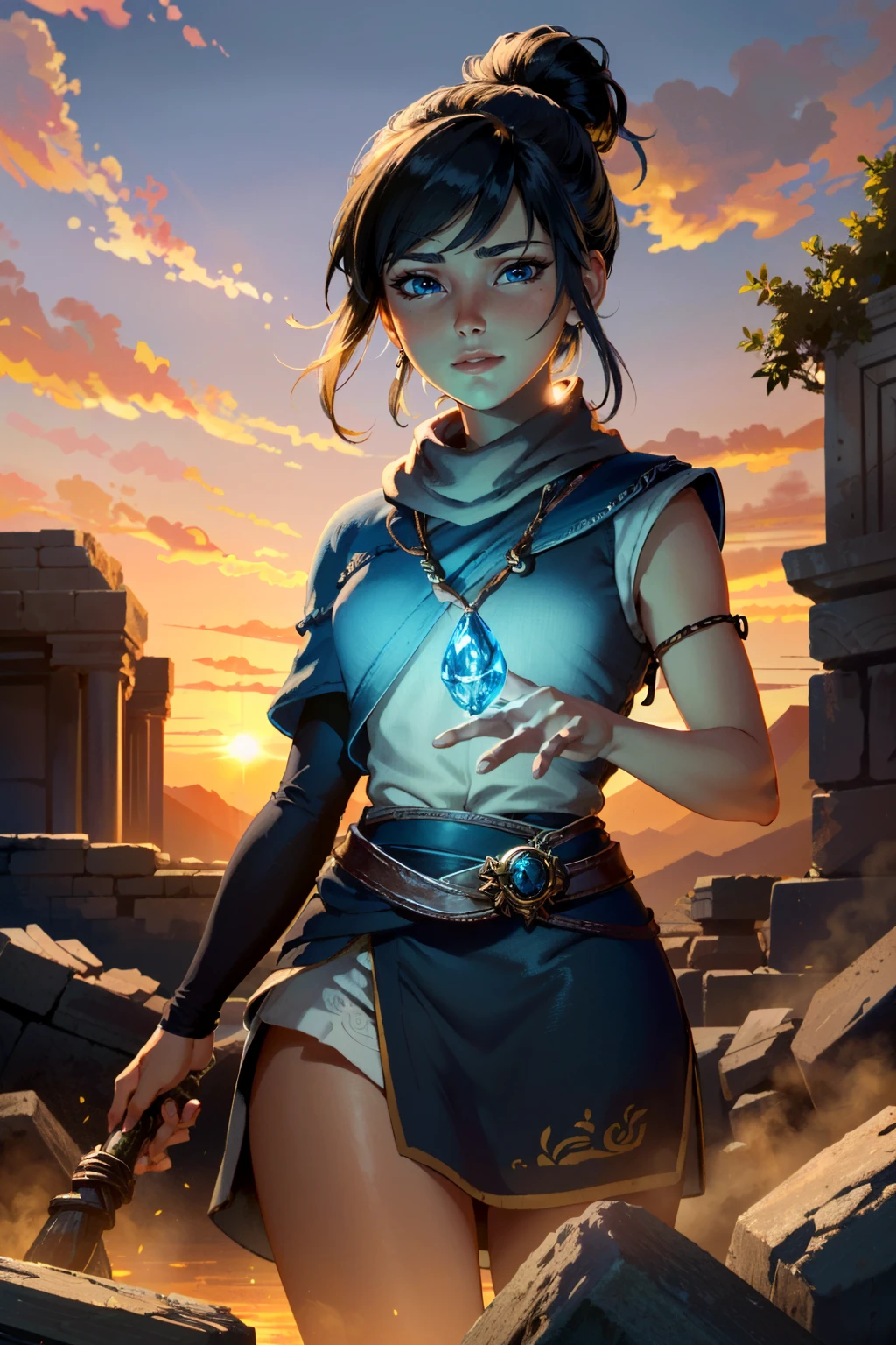 ( masterpiece, best quality, highres:1.3)
<lora:KenaBridgeofSpirits-000009:0.9>
KenaBridgeofSpirits, 1girl, black hair, blue eyes, cowboy shot, ancient ruins, sunset, warm and golden light casting a mystical glow on ancient stones