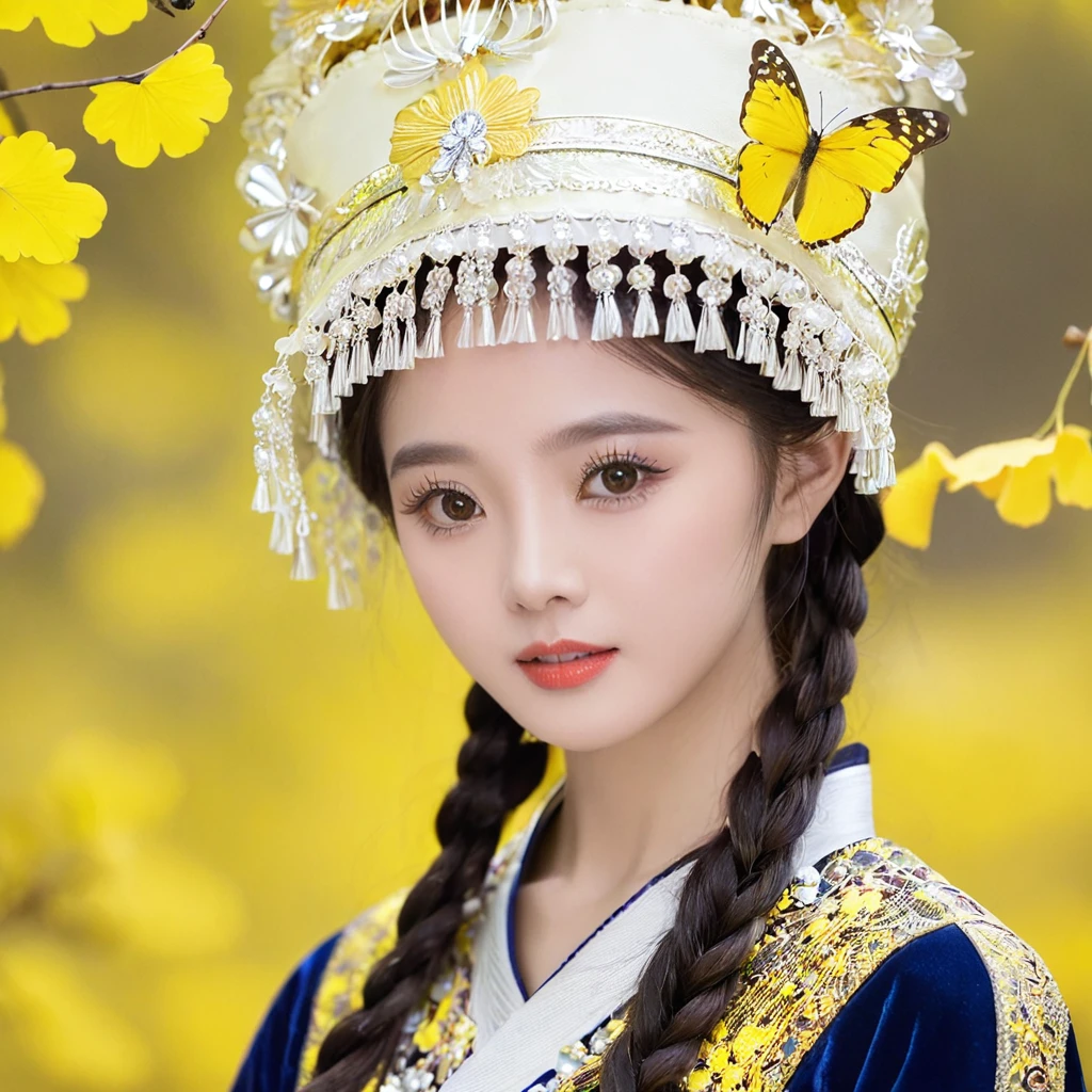 miaoyuansu, miao5, 1girl, solo, looking at viewer, braid, black hair, hat, upper body, realistic, long hair, twin braids, leaf, hair ornament, ginkgo leaf, yellow background, blurry, flower, makeup, holding, long sleeves, blurry background, multiple braids, traditional clothes, butterfly, yellow theme, hair flower, jewelry, signature, bug, floral print, watermark, dress, white headwear, depth of field, <lora:miaoyuansuSDXL-000009:0.7>