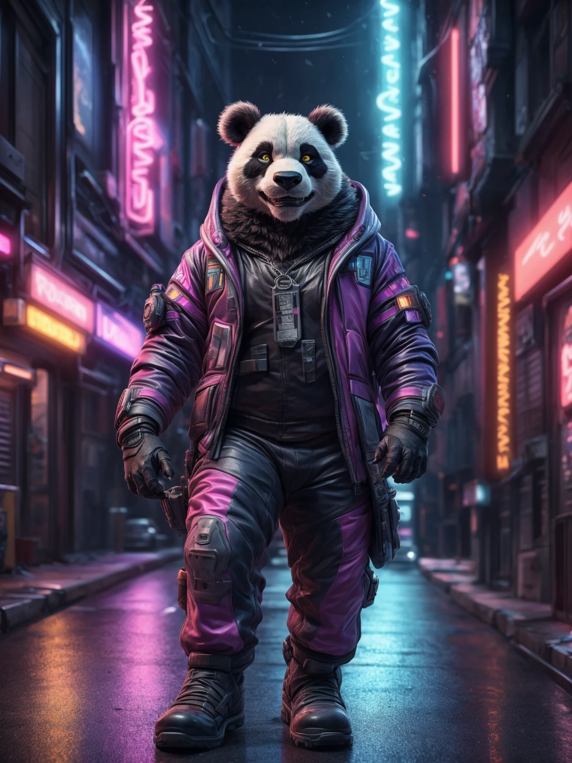 A panda tourist in night city, adult, sightseeing, night city, (Cyberpunk, Cyberpunk2077), realistic fur, (e621, by geppei, by geppei5959, by moon cake:1.3), furry, anthro, (panda), (male, mammal, two tone body, yellow eyes, checkered clothing), (neon lights, cyberpunk clothing, fully dressed), ((body augmentations, cyberware, colorful clothing, cool outfit)), smug grin, photorealistic, ultra realistic, 8k, cunning eyes, fine details, high details, masterpiece, detailed background, city streets background, (dynamic angle, crime scene background), night, suspense, bokeh, depth of field, high contrast, hard shadow, ((HDR, raytraced)), (character portrait, full body, dynamic pose:1.3)