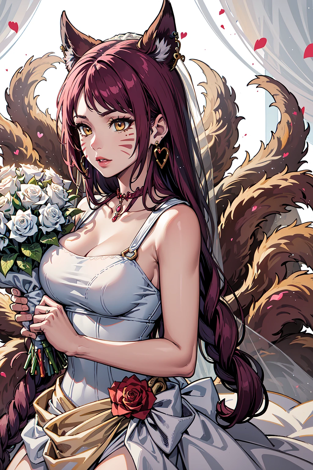 masterpiece, best quality, IncrsAhriFF, facial mark, parted bangs, fox tail, multiple tails, <lora:AhriFoxfire:1>, wedding dress, veil, earrings, heart earrings, holding bouquet, white flower, white rose
